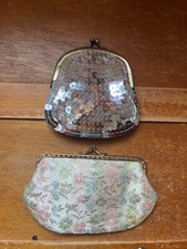Lot of Cream w Light Pink  Blue Flowers Asian Fabric  Silver Sequin Coin Purse