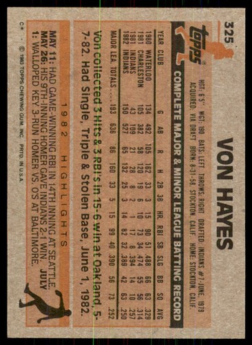 1983 Topps #325 Von Hayes Cleveland Indians - 第 2/2 張圖片
