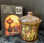 Fenton Autumn Gold Iridescent Hand Painted Holly Berries Candy Jar With Lid