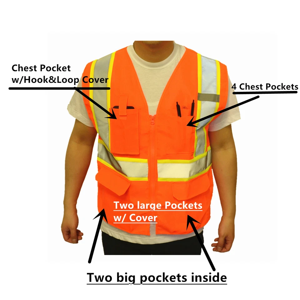 Safety Work Hi Vis ANSI Class 2 Reflective Tape Vest High Visibility W/Pockets - Image 2 of 4