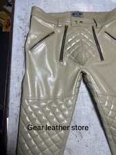 Men's Real Cow Leather Biker Quilted Pant With Cock Hole Pant With Black Straps