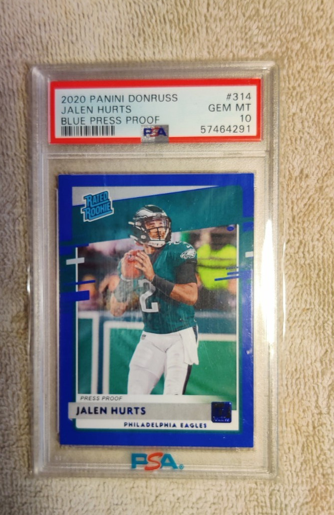2020 Panini Donruss #314 Jalen Hurts Blue Press Proof PSA 10 view 1