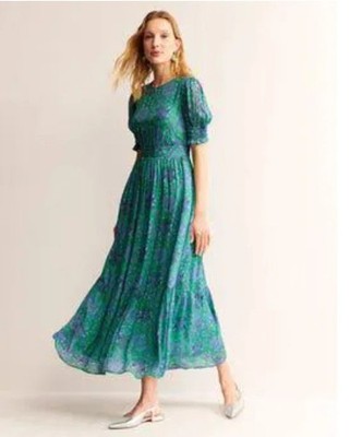 BODEN NWT Smocked Cuff Maxi Dress -UK 10 R- Ming Green Gardenia Swirl - rrp £175