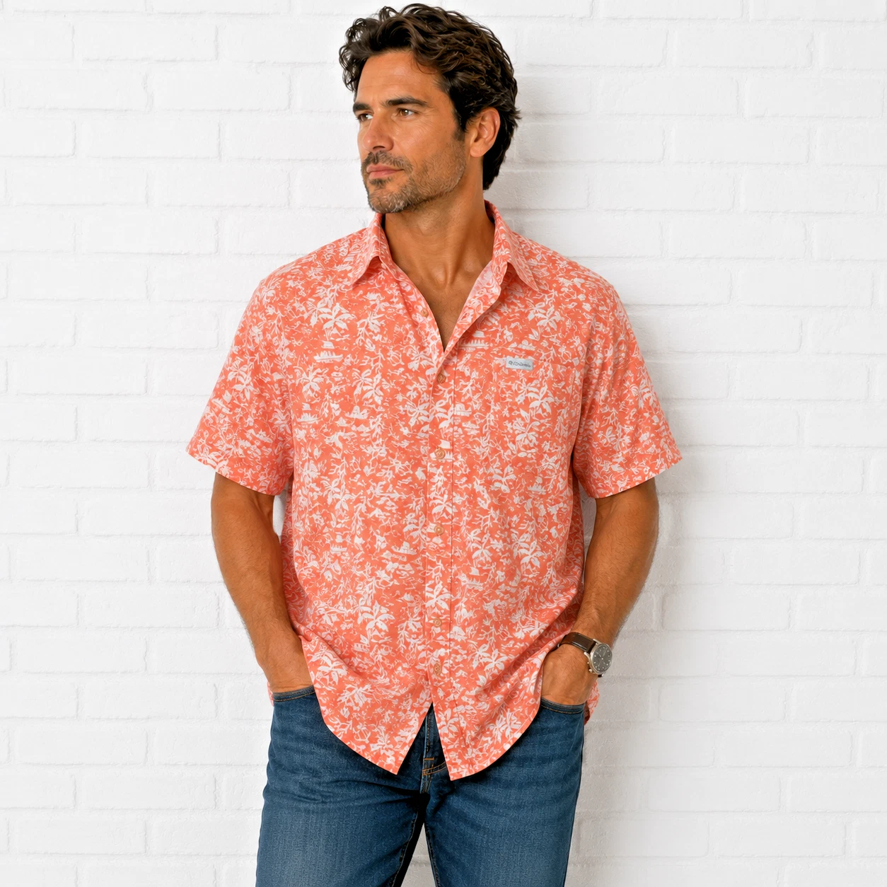 Columbia PFG Fishing Shirt Mens XXL Orange Tropical Island Print Short Sleeve