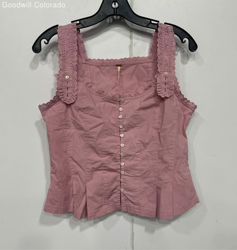 Free People Womens Tank Top Pink Lace Button Front Sleeveless Blouse M Medium