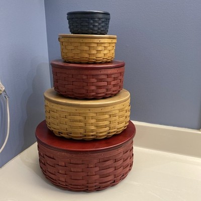Longaberger Keeping Basket Stack Set of 5 Red Tan Blue 5'', 7'', 9'', 11'', 13''