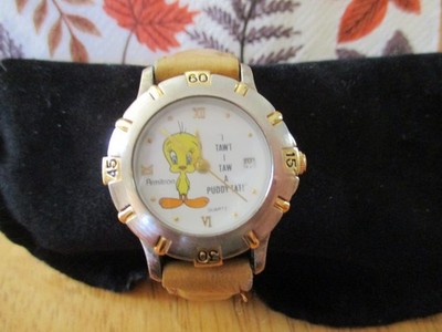 Vintage  Warner Bros. Looney Tunes Tweety Bird Watch Tan Leather Band