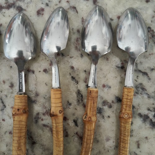 SET OF 8 VTG Grapefruit Spoons MCM Bamboo Handle Serrated Stainless Japan - Picture 12 of 17