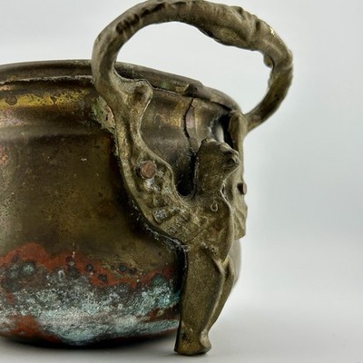 Antique Bronze Cauldron 5  w/ Satyr Ring Handles Neoclassical Bacchus c.1890s