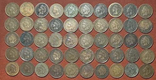 Full Roll Of 50 Indian Head Cent Copper Coins Mixed Dates Nice Roll