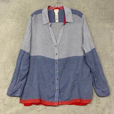 Chicos Top Womens L Blue White Stripe Chambray Button Front Shirt Size 2