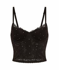 Women’s Black Solid Lace Rhinestone Corset Top, Opaque, Spaghetti Straps
