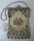Antique Silver Floral Basket Frame Orange Teal Enamel Chain Mail Mesh Purse