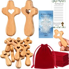 10 Set Olive Wood Cross My Heart Small Pocket Crosses with Bags and Prayer Ca...