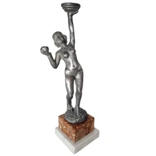 Art Deco Style "Eve w/ Apple" Statuette Ring Cady w/Marble Two Tier Base