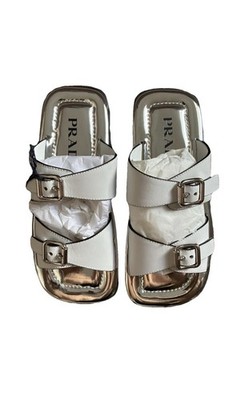 PRADA Damen Sandalen Slipper Leder Weiß/Silber Doppelschnalle EU38 Box