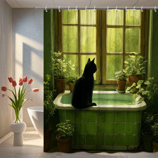 Cute Black Cat Shower Curtain for Farmhouse Bathroom Decor