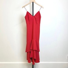 ALICE + OLIVIA Red Sleeveless Tiered Ruffle Dress Hem 4 Silk V-Neck Midi