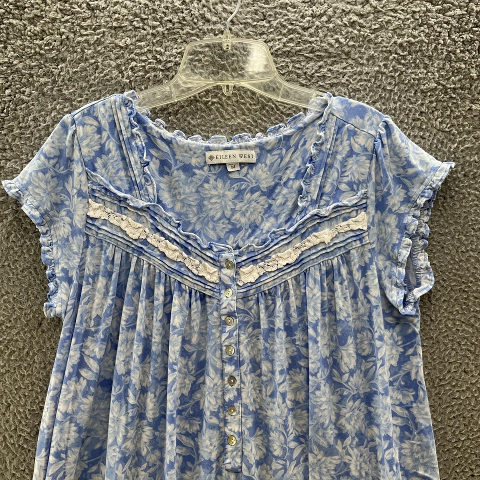 Camisón Eileen West para mujer azul medio floral encaje manga corta dormir Foto 2 de 4
