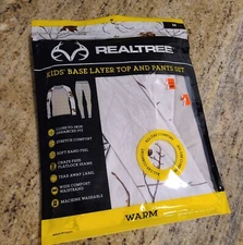 New! RealTree Youth Size M Base Layer Top & Pants Set White Camo Sticks Leaves