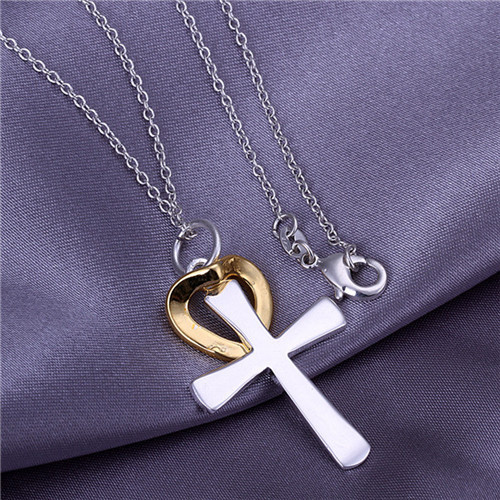 Silver Plated Crucifix Cross & Gold Heart Necklace 925 19 inches Christ God - Picture 7 of 9