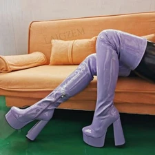 Women Thigh High Boots Height Increase Side Zip Block Heels Over Knee Shoes Woma