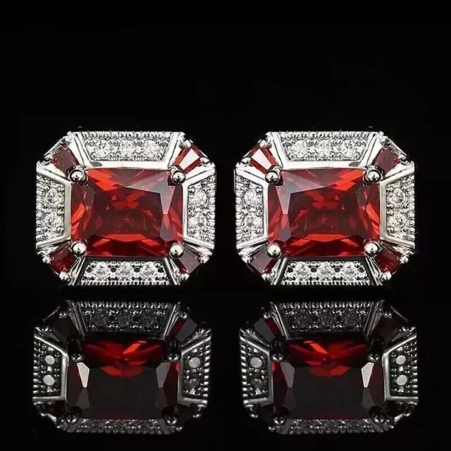 Мужские запонки из красного рубина 4 карата изумрудной огранки с покрытием из белого золота 14 карат - Изображение 4 из 4