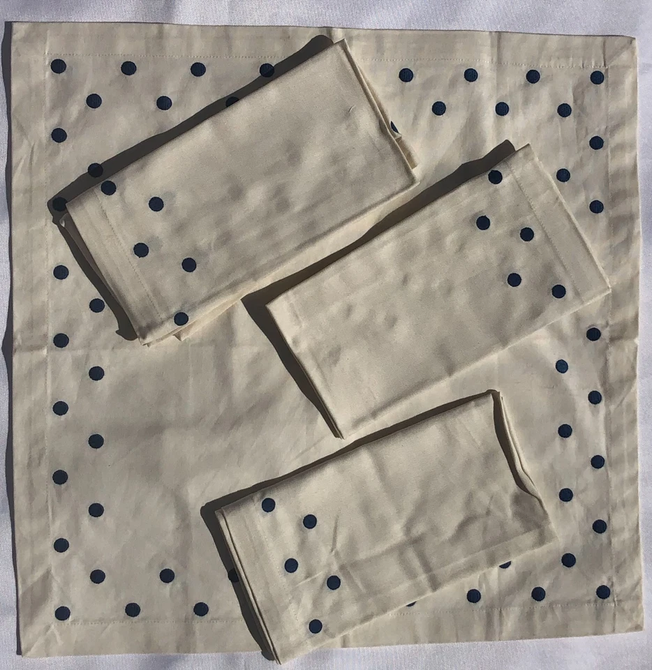 4 Pottery Barn Cream w/Blue Polka Dots Embroidered Cocktail Dinner Party - Image 2 of 4