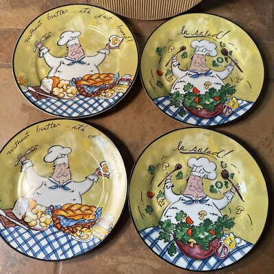 Vintage Mud Pie Tracy Flickenger Bon Appetite Fat Chef Salad/Bread 8  Plate Set