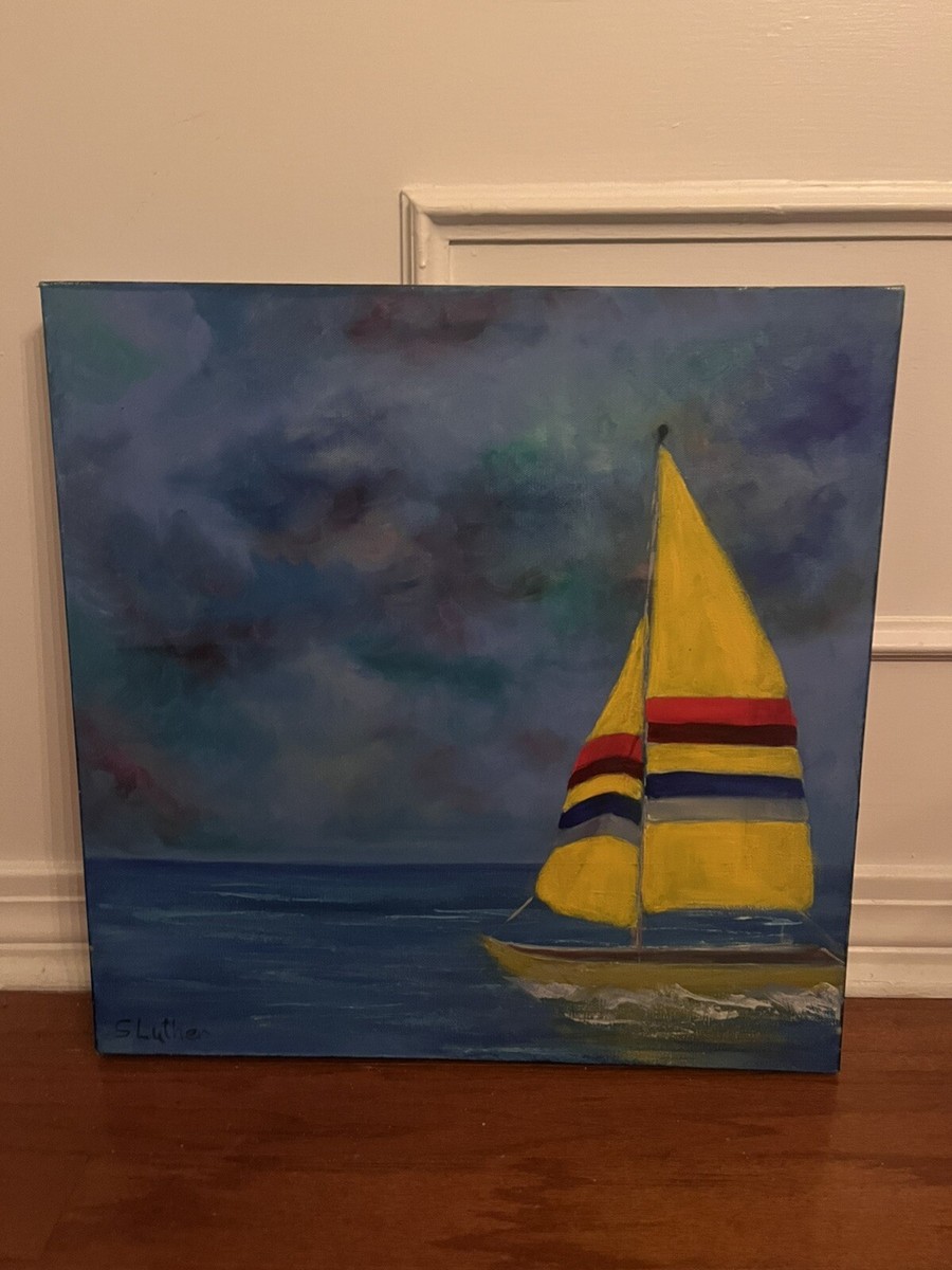 20x20 Canvas Bright Blue Skies Modern Yellow Sailboat On Water Oil