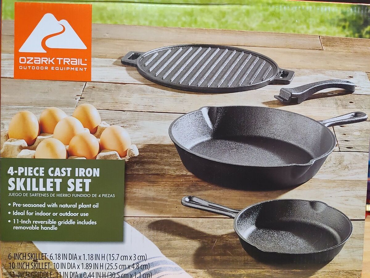 Ozark Trail 4-Piece Cast Iron Skillet Set with Handles and Griddle,  Pre-Seasoned, 6, 10.5, 11