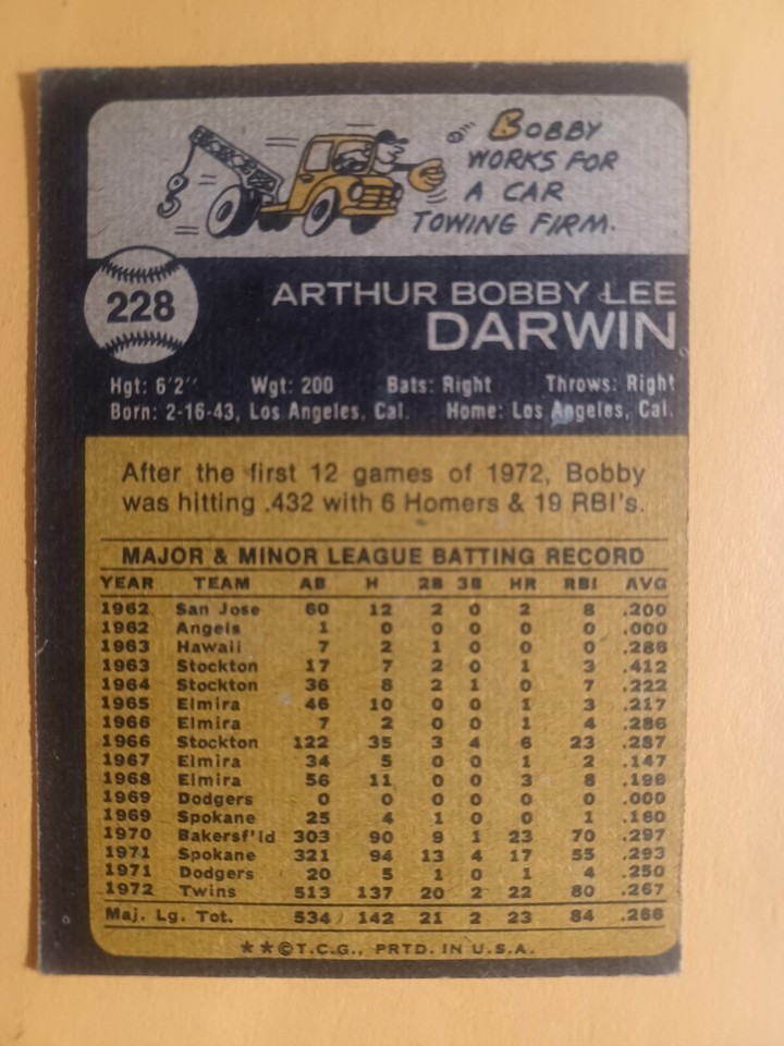 1973 TOPPS 228 MINNESOTA TWINS BOBBY DARWIN [5] MIDGRADE 04632 eBay