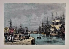 OLD ANTIQUE PRINT FRANCE LE HAVRE PORT SHIPS c1880's HAND COLOUR