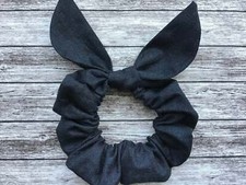 Linen Look Fabric Handmade BOW HAIR SCRUNCHIE  Bunny Ears Black