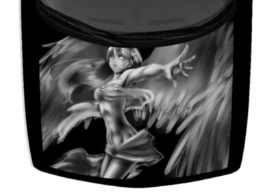 Grayscale Anime Girl Angel Winged Fairy Truck Hood Wrap Vinyl Decal Graphic Car