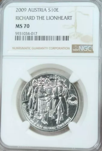 2009 AUSTRIA SILVER 10 EURO S10E RICHARD THE LIONHEART NGC MS 70 PERFECT POP 1