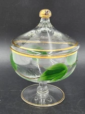 Vintage MCM Clear Glass Covered Dish with Gold Trim and Hand Painted Ivy
