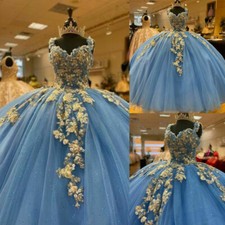Blue Quinceanera Dresses Gold Applique 3D Flower Beaded Sweet 16 Dress Ball Gown