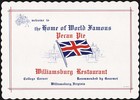 Vintage placemat WILLIAMSBURG RESTAURANT Pecan Pie Union Jack pictured Virginia — photo 2