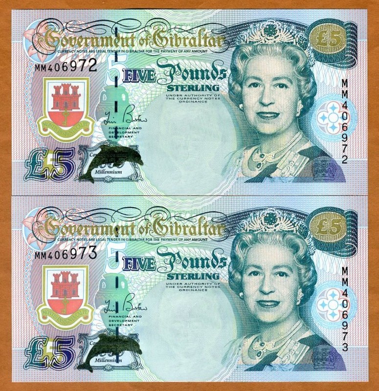 SET Gibraltar, 2 x 5 pounds 2000, QEII Consecutive Pair, P-29 UNC Millennium 