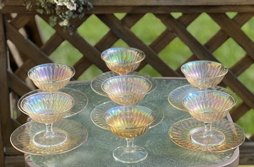 Imperial Clear Iridescent Carnival Glass Smooth Ray 13 Piece Bowl Saucer Set - Picture 2 of 7