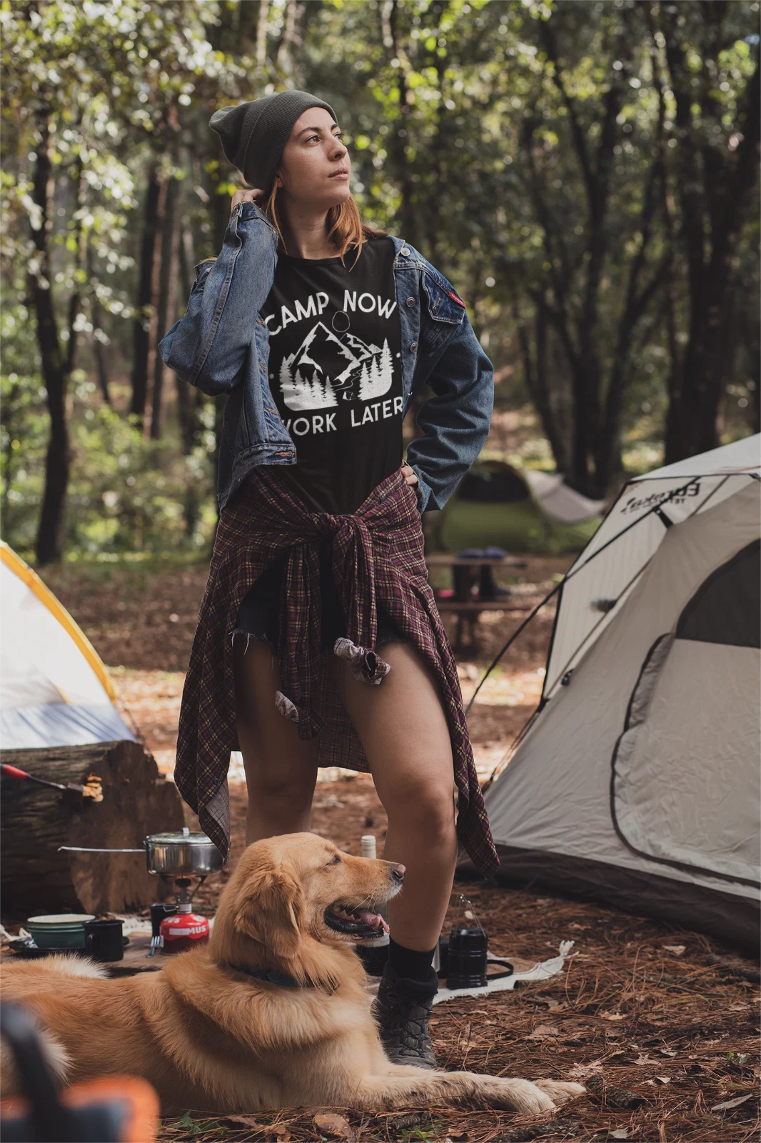 CAMP NOW WORK LATER CAMPING CUTE VINTAGE DESIGN Unisex Cotton Graphic T-Shirt