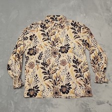 Leopard Print Shirt Womens Medium Beige Floral Button Down Smocked Cuff Animal