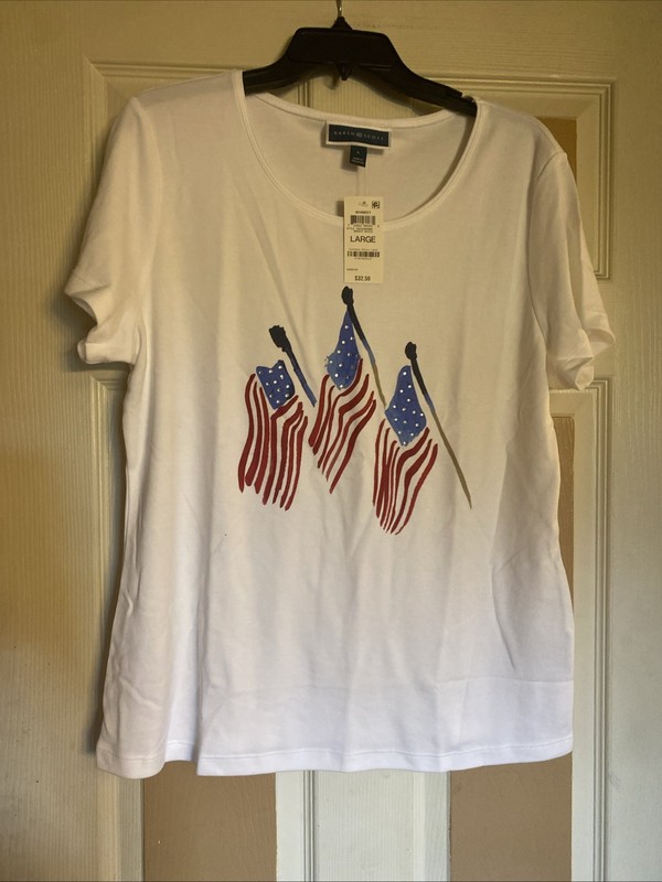 Karen Scott Flag-Print T-Shirt ~ Petite Large ~ White ~ NWT Rhinestones