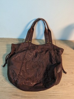 Vintage Lucky Brand Leather Shoulder Bag/ Hobo Purse Brown Flower Patchwork