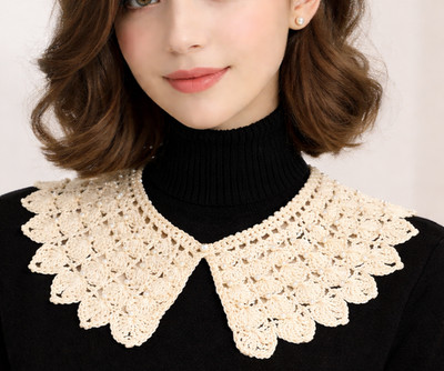 Ivory crochet Peter Pan collar pearl details & closure 18  long 10'' dia 3'' wide