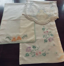 3 Vintage table runners hand embroidered, flowered designs various colors