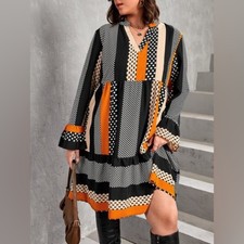 Shein Black White Orange Colorblock Ruffle Flounce Hem Dress 2XL (A4)