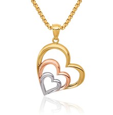 14K Solid Two Tone Gold 3 Heart Pendant Necklace