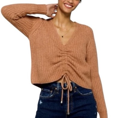 Ruched Drawstring V-Neck Cropped Sweater Earth Tone Medium